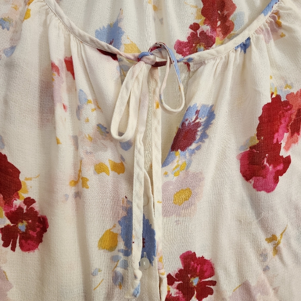 Lucky Brand Floral Blouse Medium Ivory Tie Front Long Sleeve Boho - Picture 9 of 14